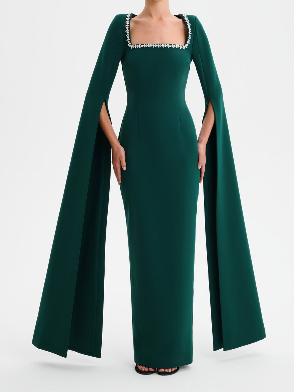 Lavish Alice Deep Green Square-Neck Gown with Dramatic Cape Sleeves